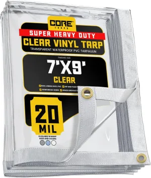 Core Tarps 20 Mil Extreme Heavy Duty Clear Tarp with Gromments - 7x9ft Super Clear Tarps Heavy Duty Waterproof Vinyl Tarpaulin, Transparent Tarp for Outdoor, Camping & Construction, Clear