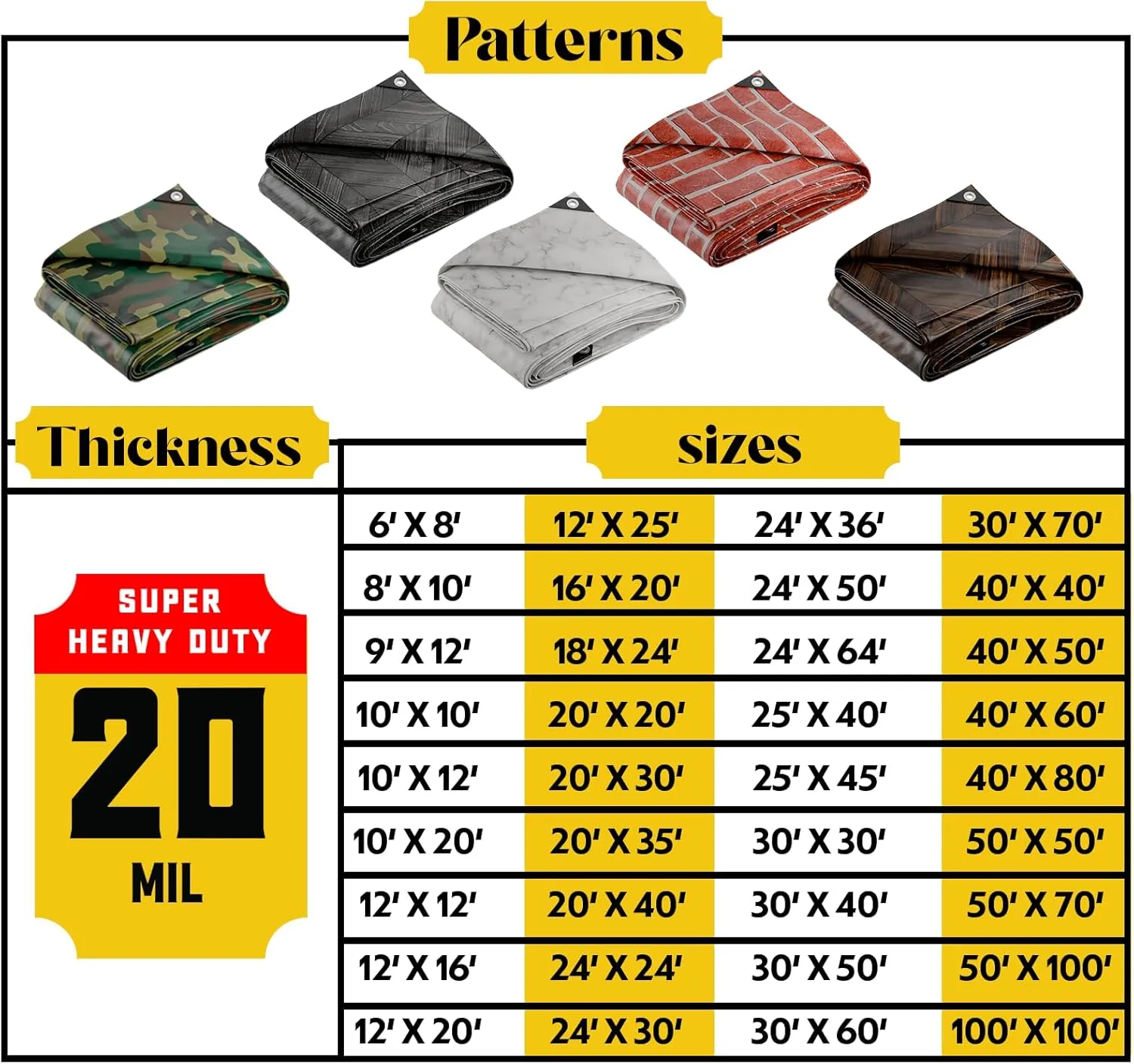 Core Tarps Extreme Heavy Duty 20 Mil Tarp Cover, Waterproof, UV Resistant, Rip and Tear Proof, Poly Tarpaulin with Reinforced Edges for Roof, Camping, Patio, Pool, Boat (Bricks/Black 12′ X 16′)