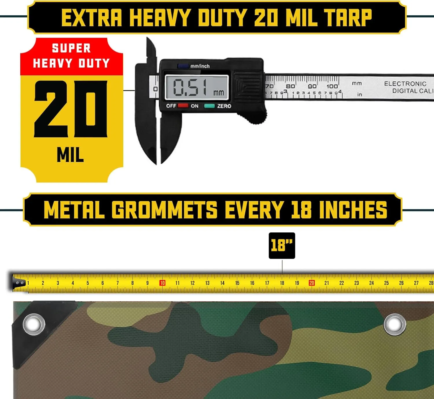 Core Tarps Extreme Heavy Duty 20 Mil Tarp Cover, Waterproof, UV Resistant, Rip and Tear Proof, Poly Tarpaulin with Reinforced Edges for Roof, Camping, Patio, Pool, Boat (Camouflage/Green 12′ X 25′)