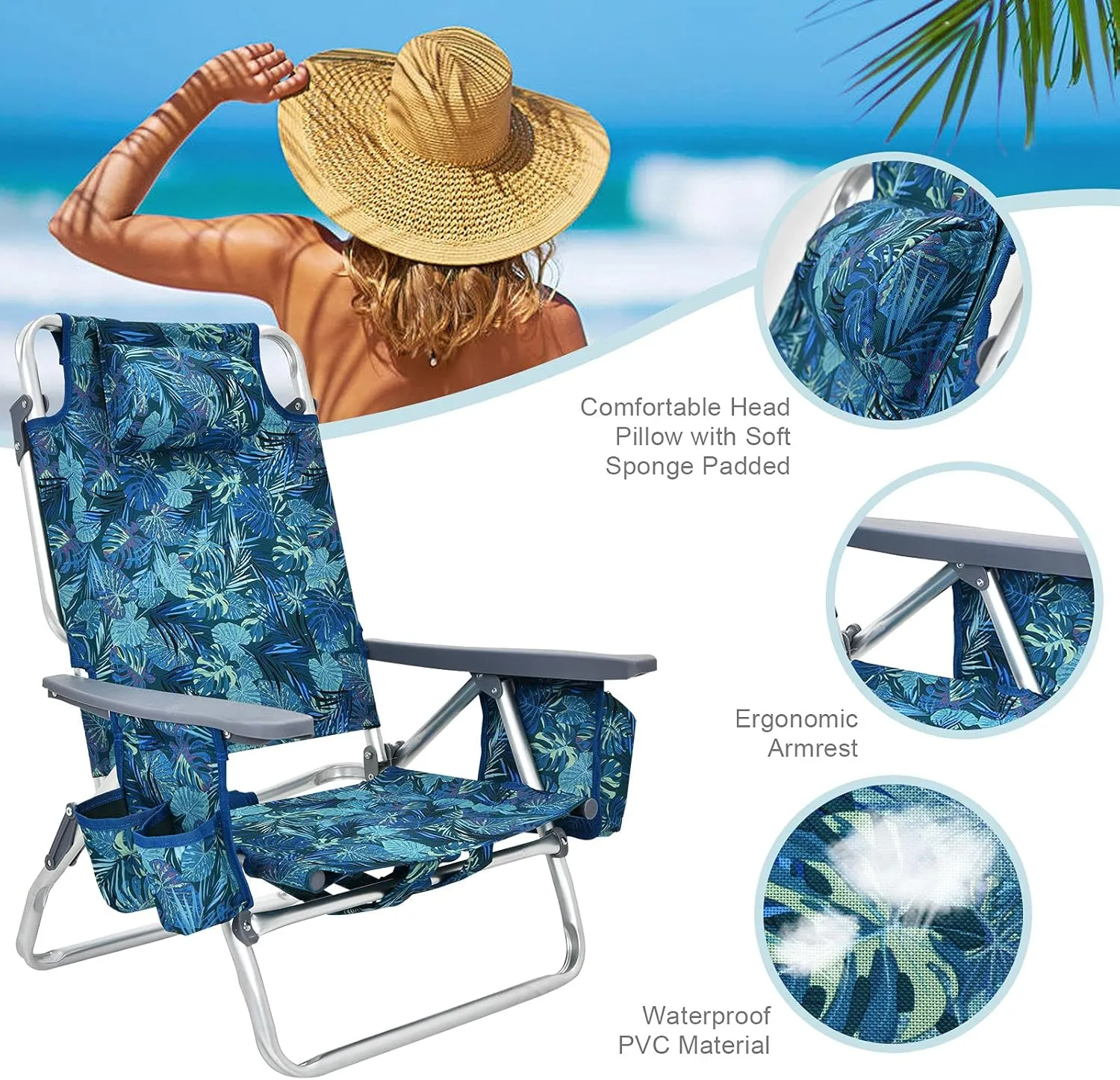COSTWAY Backpack Beach Chairs, 2-Pack Portable Camping Chairs with Cup Holder, Ice Bag, 5-Position Outdoor Reclining Chairs for Adults, Travel, Sunbathing, Support 300 LBS, Navy