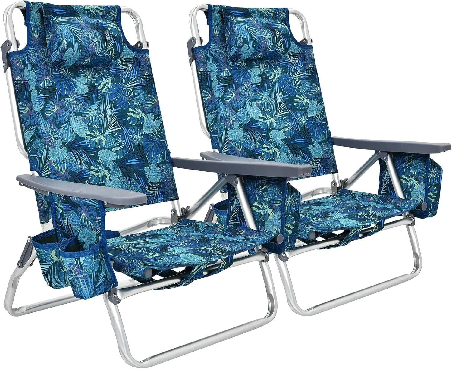 COSTWAY Backpack Beach Chairs, 2-Pack Portable Camping Chairs with Cup Holder, Ice Bag, 5-Position Outdoor Reclining Chairs for Adults, Travel, Sunbathing, Support 300 LBS, Navy
