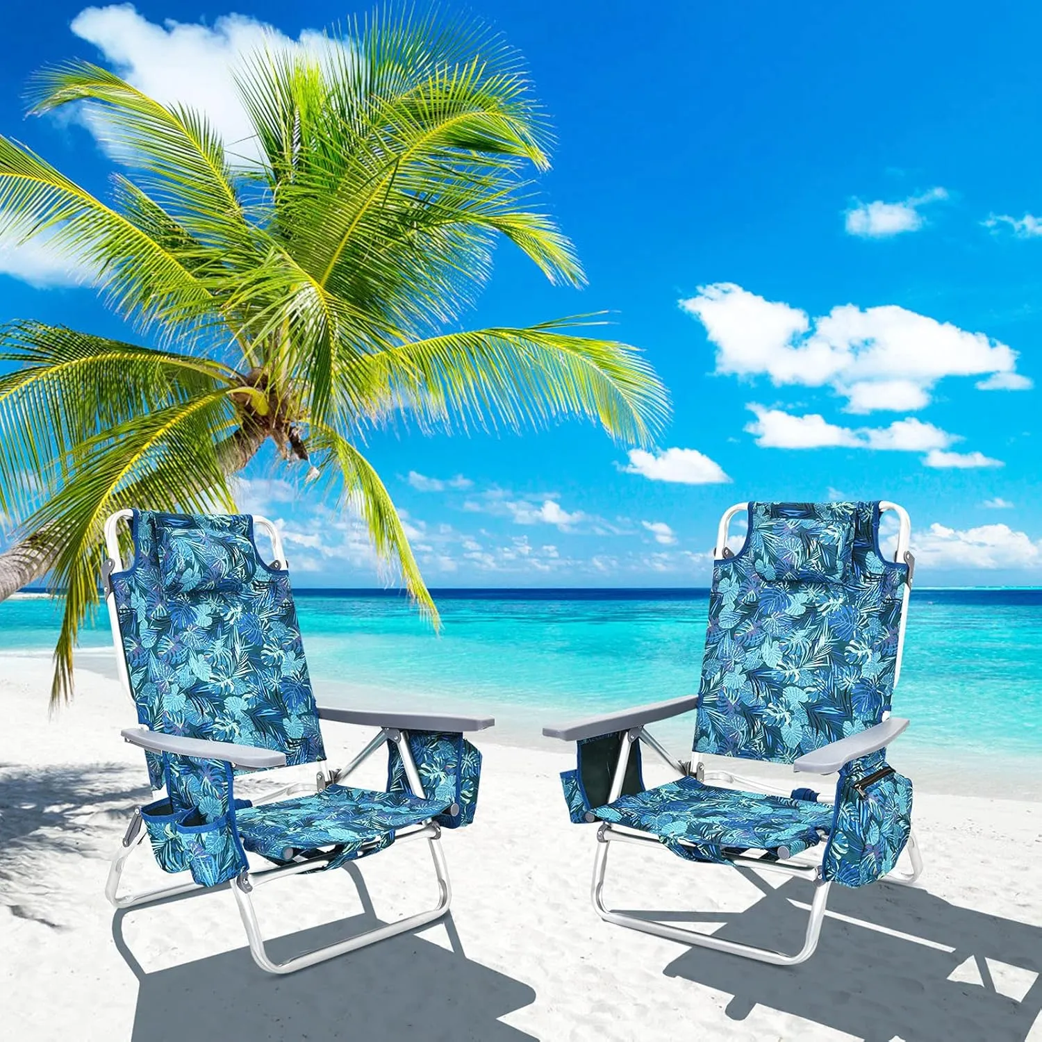 COSTWAY Backpack Beach Chairs, 2-Pack Portable Camping Chairs with Cup Holder, Ice Bag, 5-Position Outdoor Reclining Chairs for Adults, Travel, Sunbathing, Support 300 LBS, Navy