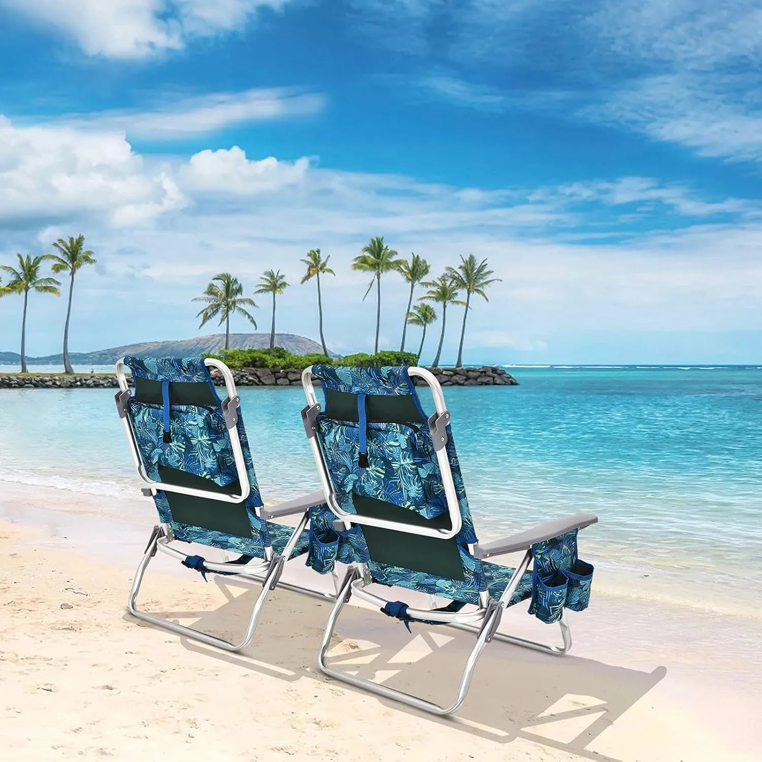COSTWAY Backpack Beach Chairs, 2-Pack Portable Camping Chairs with Cup Holder, Ice Bag, 5-Position Outdoor Reclining Chairs for Adults, Travel, Sunbathing, Support 300 LBS, Navy