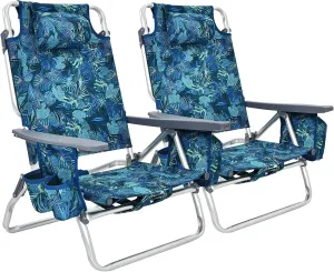 COSTWAY Backpack Beach Chairs, 2-Pack Portable Camping Chairs with Cup Holder, Ice Bag, 5-Position Outdoor Reclining Chairs for Adults, Travel, Sunbathing, Support 300 LBS, Navy