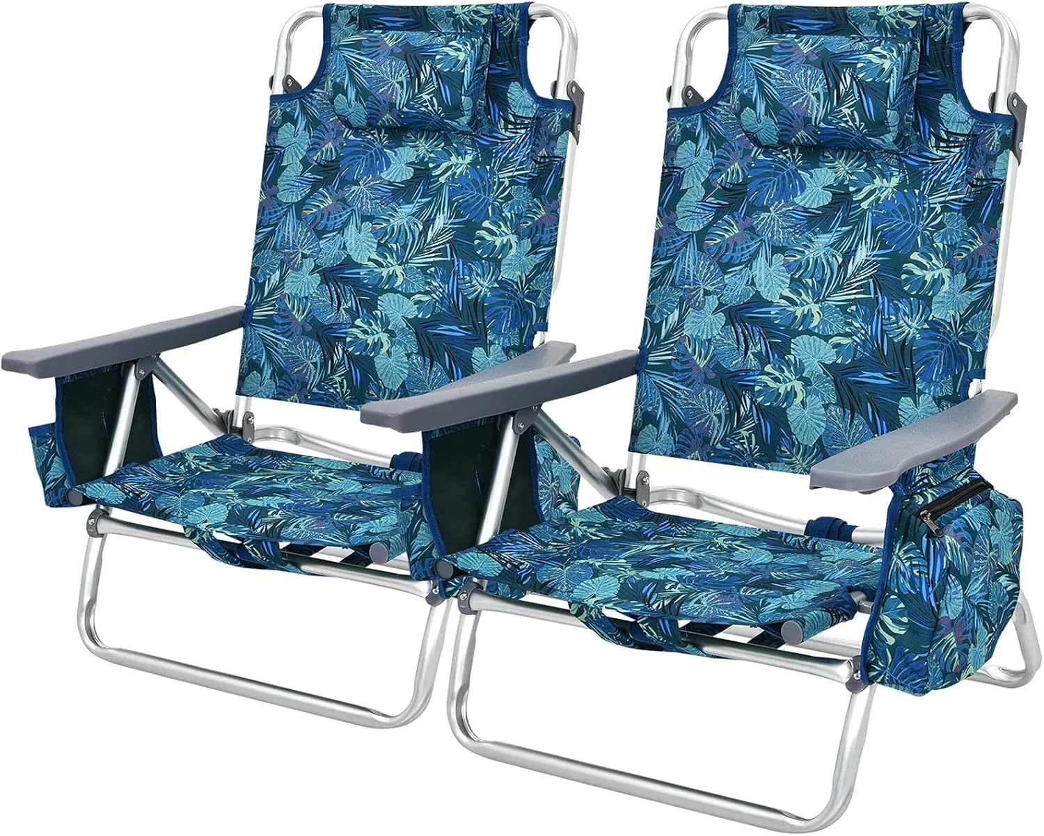 COSTWAY Backpack Beach Chairs, 2-Pack Portable Camping Chairs with Cup Holder, Ice Bag, 5-Position Outdoor Reclining Chairs for Adults, Travel, Sunbathing, Support 300 LBS, Navy