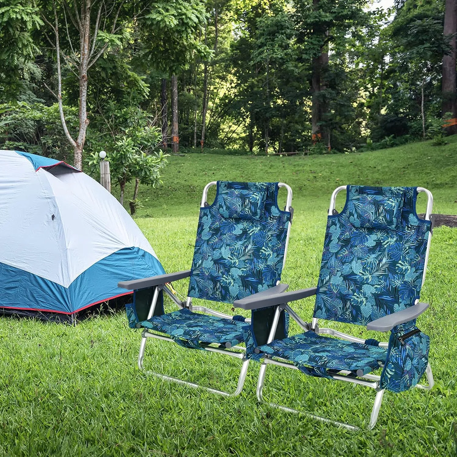 COSTWAY Backpack Beach Chairs, 2-Pack Portable Camping Chairs with Cup Holder, Ice Bag, 5-Position Outdoor Reclining Chairs for Adults, Travel, Sunbathing, Support 300 LBS, Navy