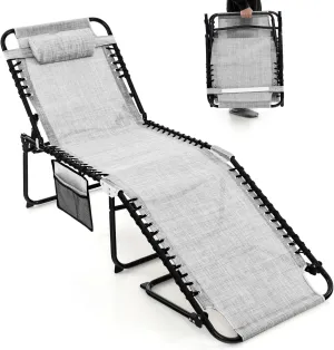 COSTWAY Folding Chaise Lounge Chair, Foldable Pool Lounger with 4-Position Adjustable Backrest, 2-Position Footrest, Side Pocket & Soft Pillow, Patio Tanning Chair for Beach, Poolside (1, Grey)
