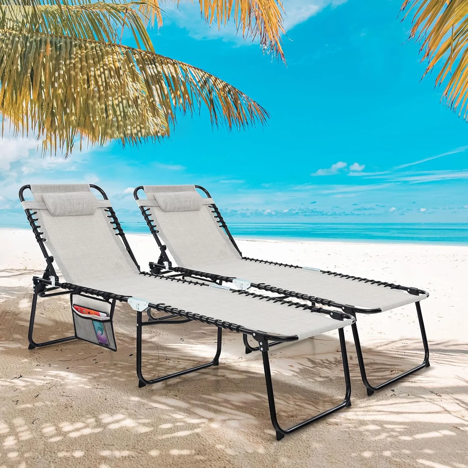 COSTWAY Folding Chaise Lounge Chair, Foldable Pool Lounger with 4-Position Adjustable Backrest, 2-Position Footrest, Side Pocket & Soft Pillow, Patio Tanning Chair for Beach, Poolside (1, Grey)