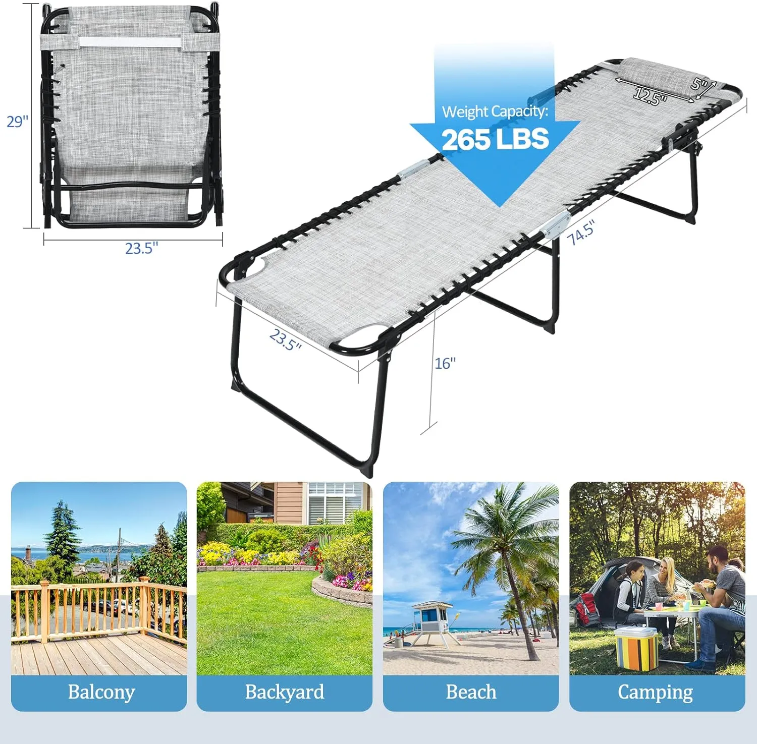 COSTWAY Folding Chaise Lounge Chair, Foldable Pool Lounger with 4-Position Adjustable Backrest, 2-Position Footrest, Side Pocket & Soft Pillow, Patio Tanning Chair for Beach, Poolside (1, Grey)