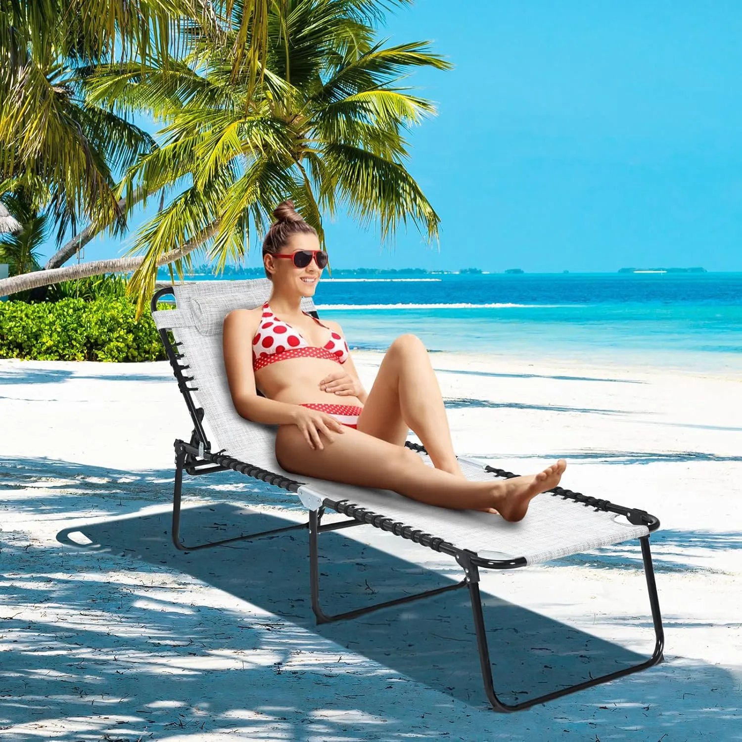 COSTWAY Folding Chaise Lounge Chair, Foldable Pool Lounger with 4-Position Adjustable Backrest, 2-Position Footrest, Side Pocket & Soft Pillow, Patio Tanning Chair for Beach, Poolside (1, Grey)