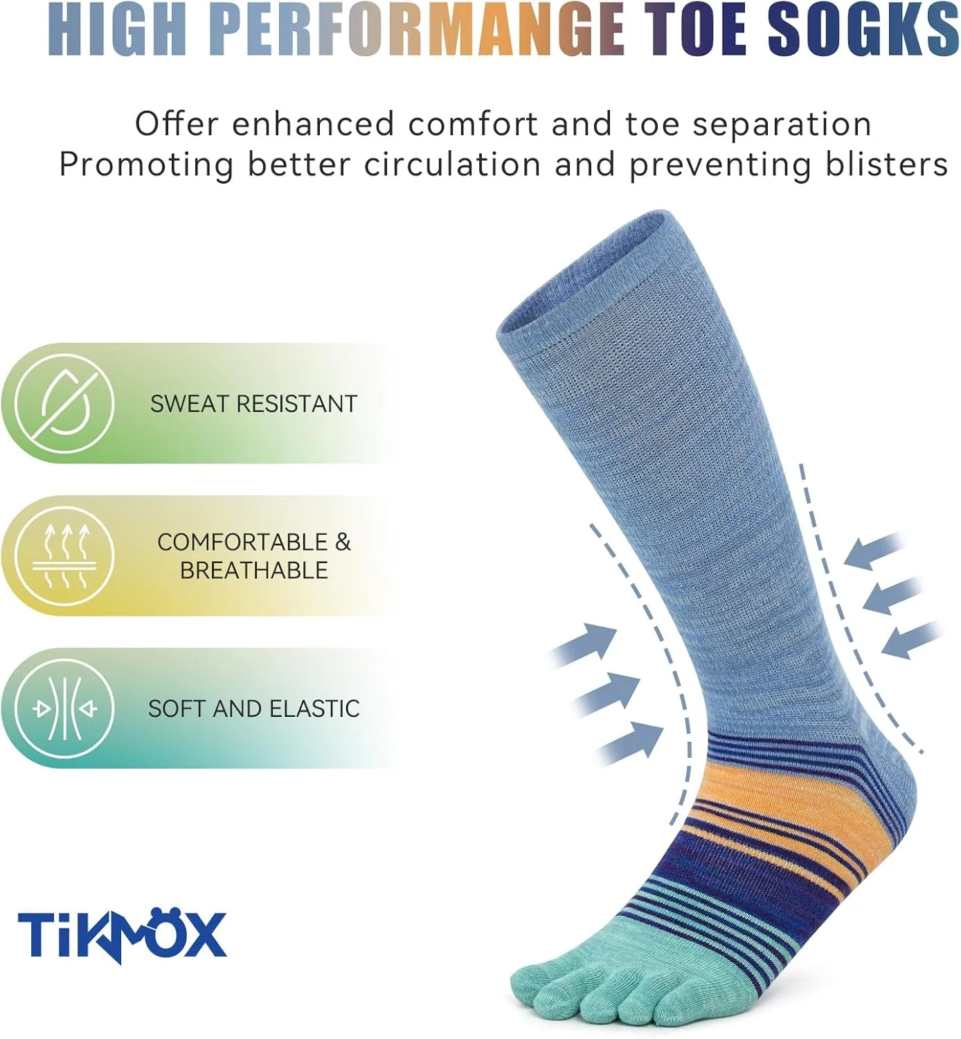 Cotton Rainbow Toe Socks, Arch Compression Athletic Running Socks, Colorful Cushioned