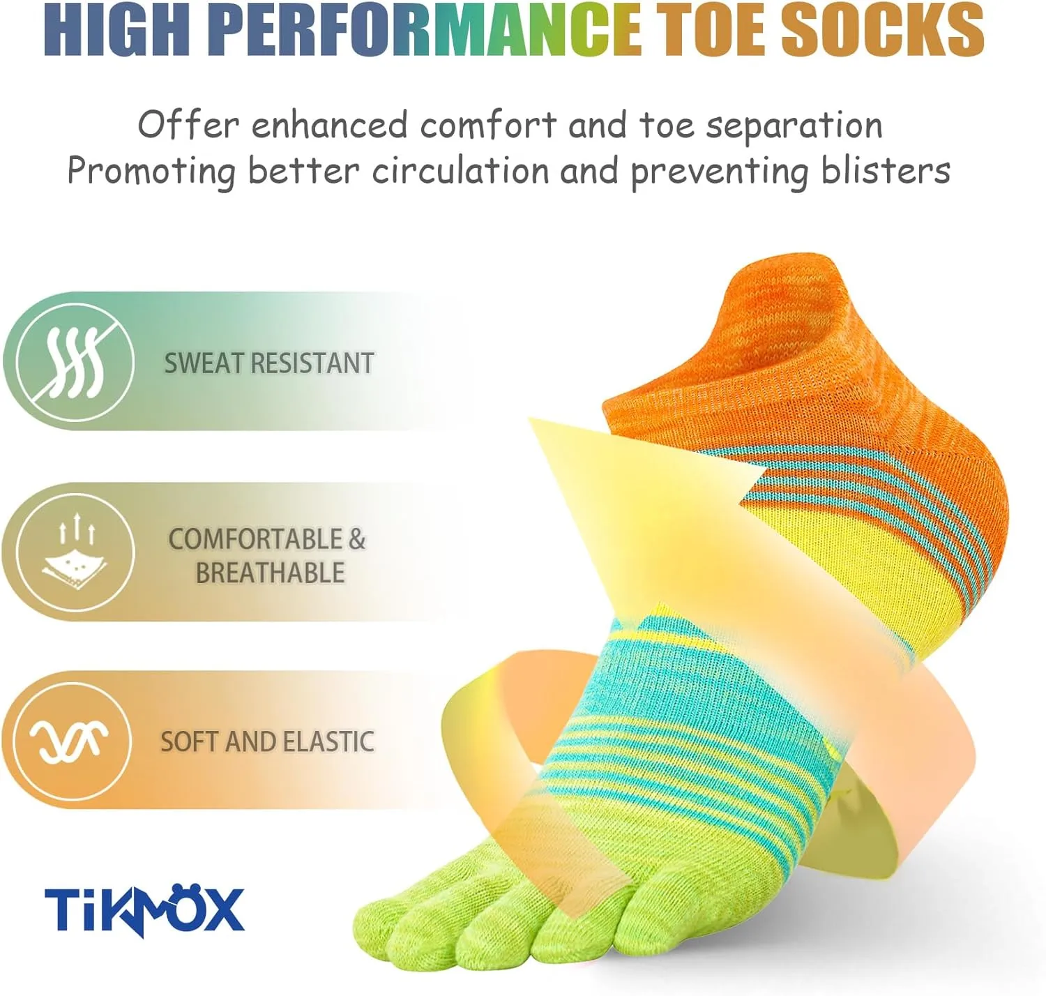 Cotton Rainbow Toe Socks, Arch Compression Athletic Running Socks, Colorful Cushioned