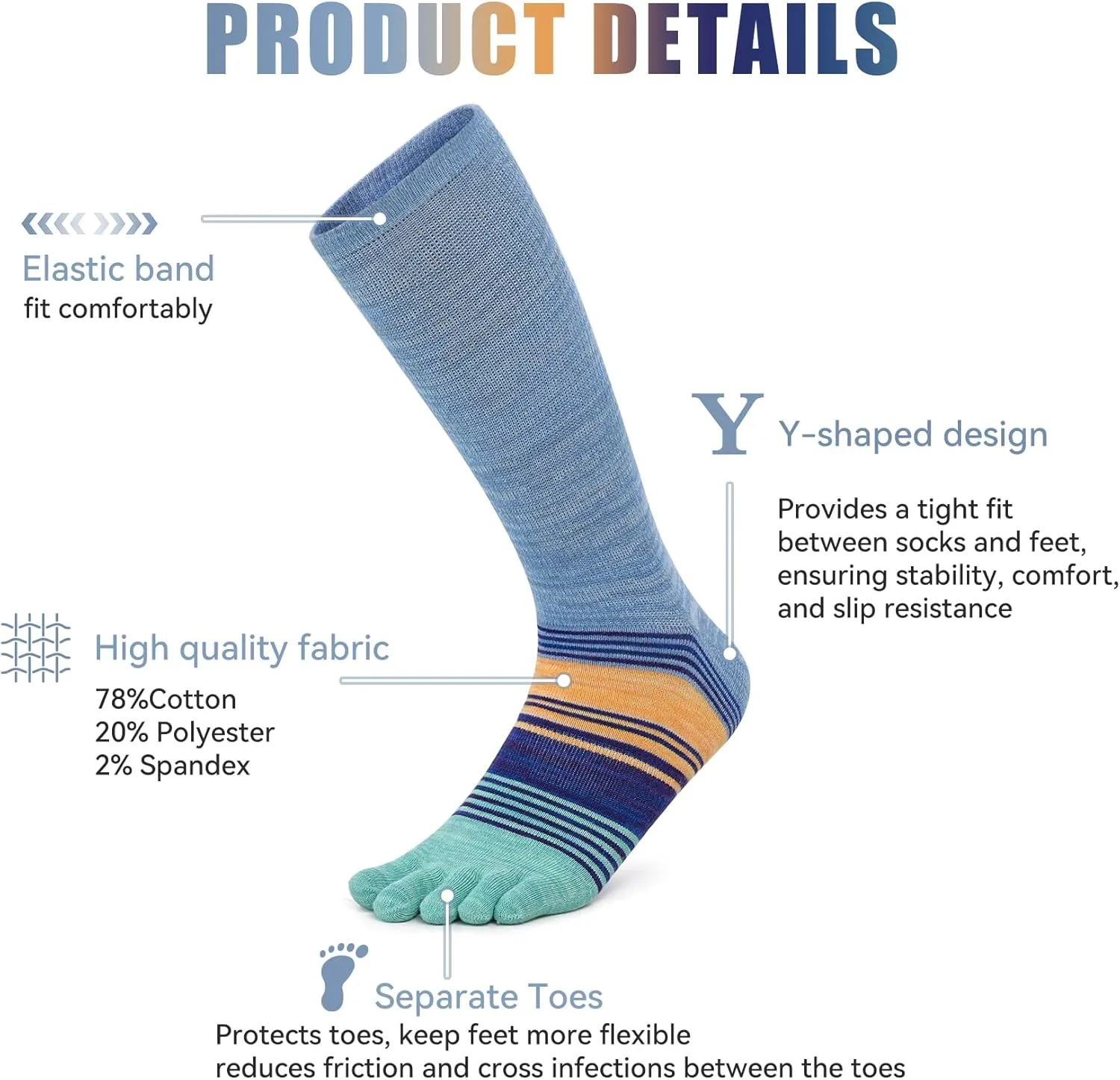 Cotton Rainbow Toe Socks, Arch Compression Athletic Running Socks, Colorful Cushioned