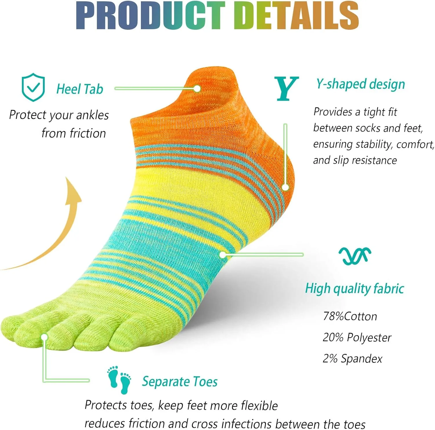 Cotton Rainbow Toe Socks, Arch Compression Athletic Running Socks, Colorful Cushioned