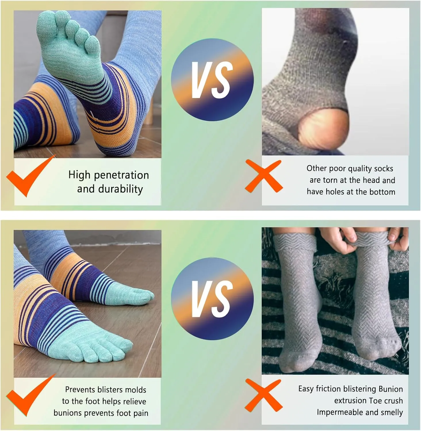 Cotton Rainbow Toe Socks, Arch Compression Athletic Running Socks, Colorful Cushioned