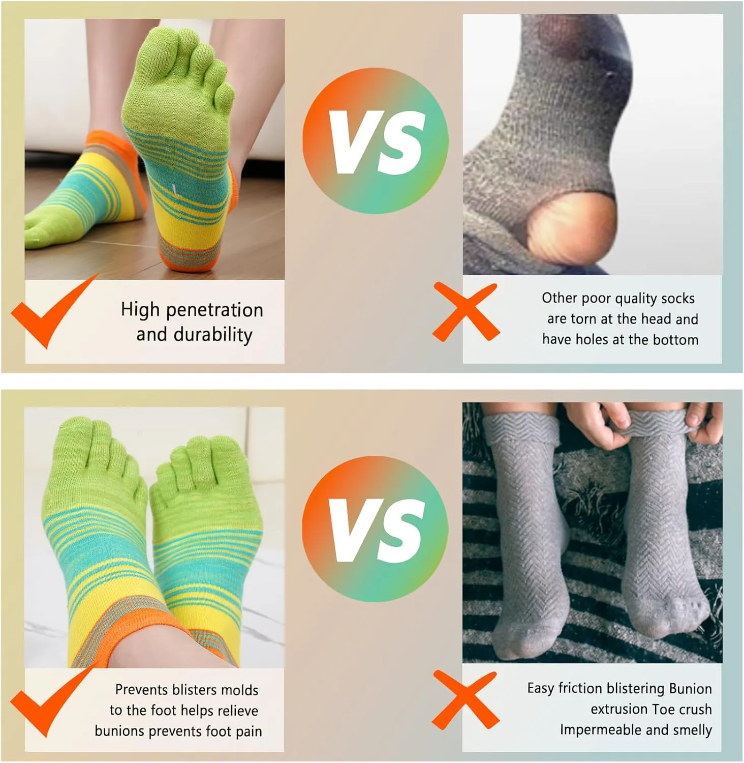 Cotton Rainbow Toe Socks, Arch Compression Athletic Running Socks, Colorful Cushioned