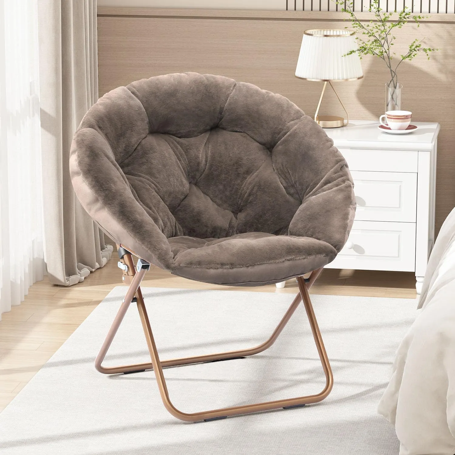 Cozy Saucer Chair, Living Room Chair, Faux Fur Soft Thick Padded Seat, Metal Frame Folding Chair, Comfortable Moon Chair for Living Room, Bedroom, Reading Nook, Modern Style, 1 Pack, Brown