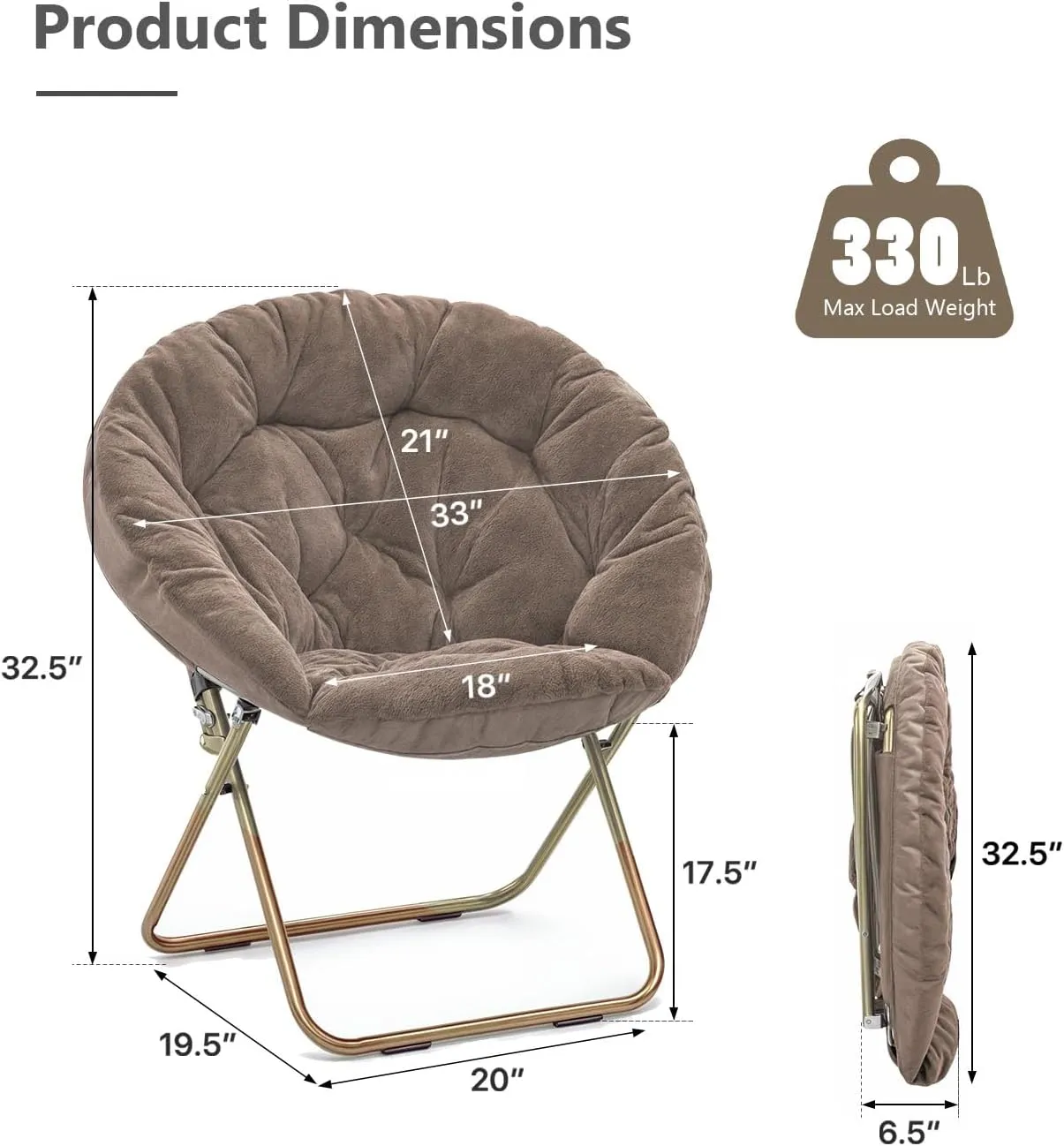 Cozy Saucer Chair, Living Room Chair, Faux Fur Soft Thick Padded Seat, Metal Frame Folding Chair, Comfortable Moon Chair for Living Room, Bedroom, Reading Nook, Modern Style, 1 Pack, Brown