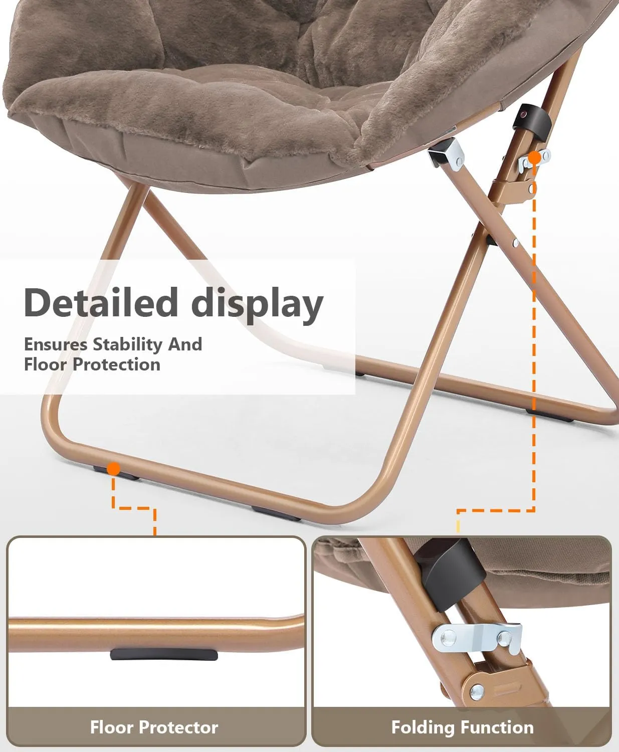 Cozy Saucer Chair, Living Room Chair, Faux Fur Soft Thick Padded Seat, Metal Frame Folding Chair, Comfortable Moon Chair for Living Room, Bedroom, Reading Nook, Modern Style, 1 Pack, Brown