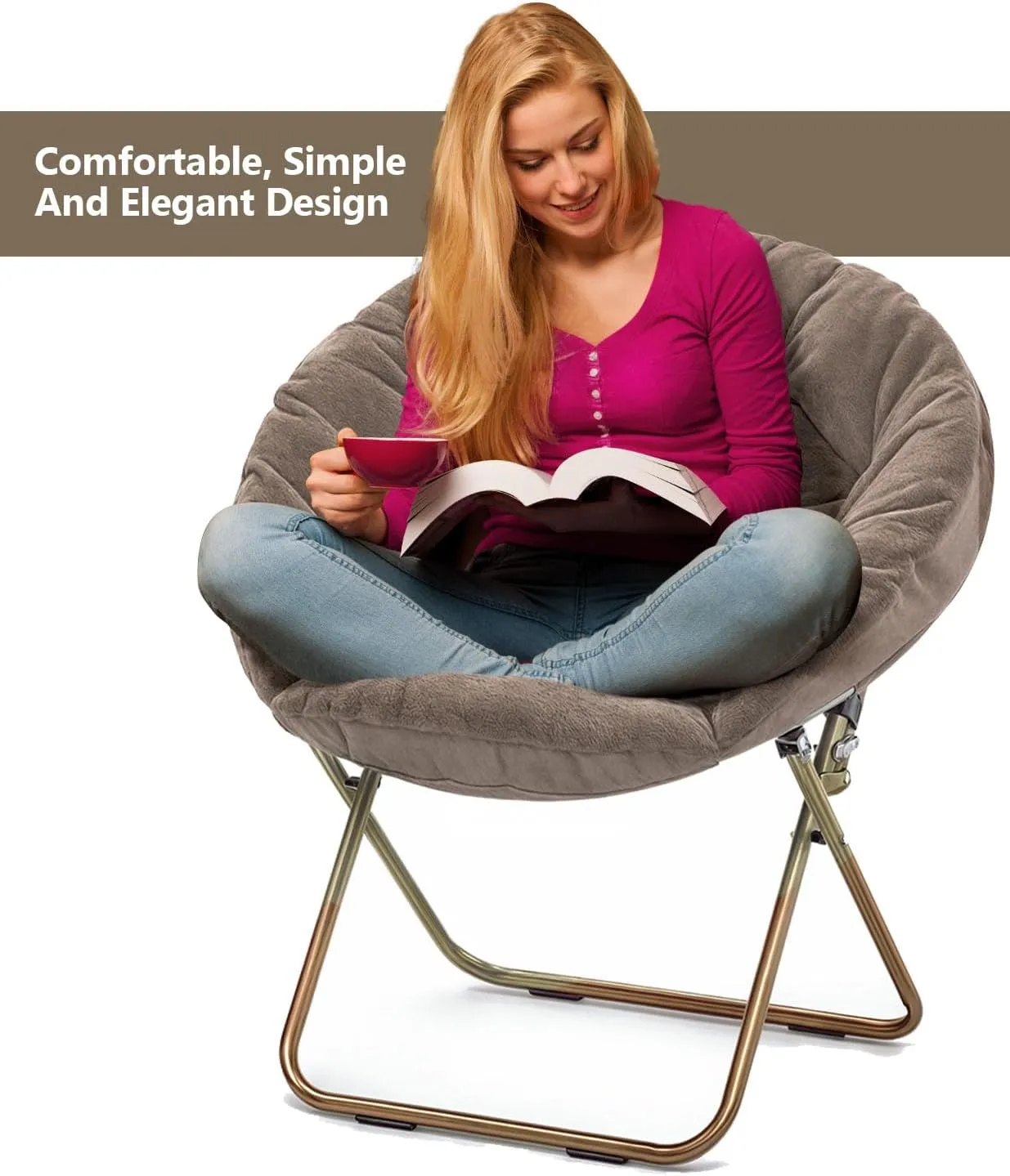 Cozy Saucer Chair, Living Room Chair, Faux Fur Soft Thick Padded Seat, Metal Frame Folding Chair, Comfortable Moon Chair for Living Room, Bedroom, Reading Nook, Modern Style, 1 Pack, Brown