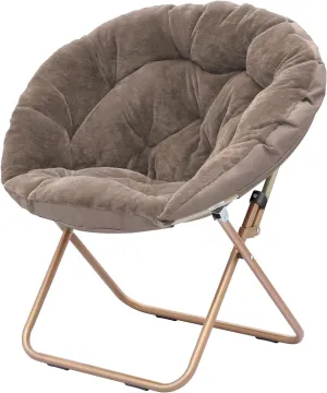Cozy Saucer Chair, Living Room Chair, Faux Fur Soft Thick Padded Seat, Metal Frame Folding Chair, Comfortable Moon Chair for Living Room, Bedroom, Reading Nook, Modern Style, 1 Pack, Brown