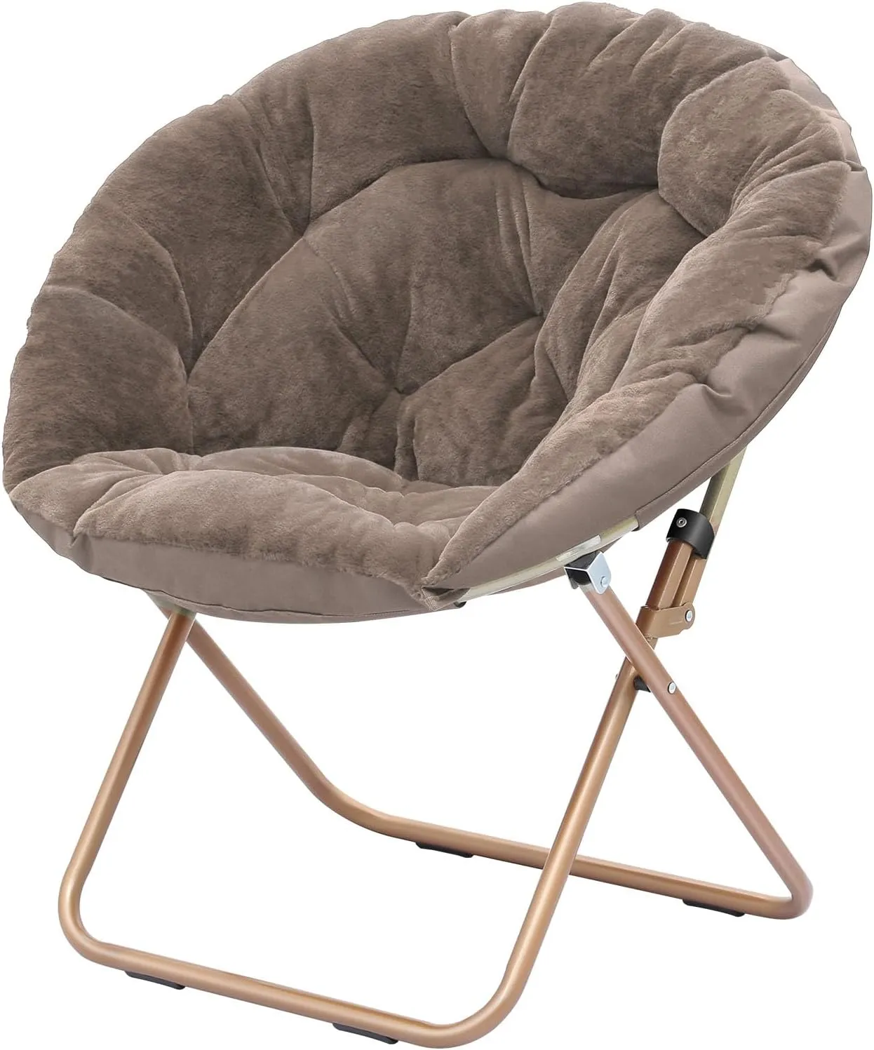 Cozy Saucer Chair, Living Room Chair, Faux Fur Soft Thick Padded Seat, Metal Frame Folding Chair, Comfortable Moon Chair for Living Room, Bedroom, Reading Nook, Modern Style, 1 Pack, Brown