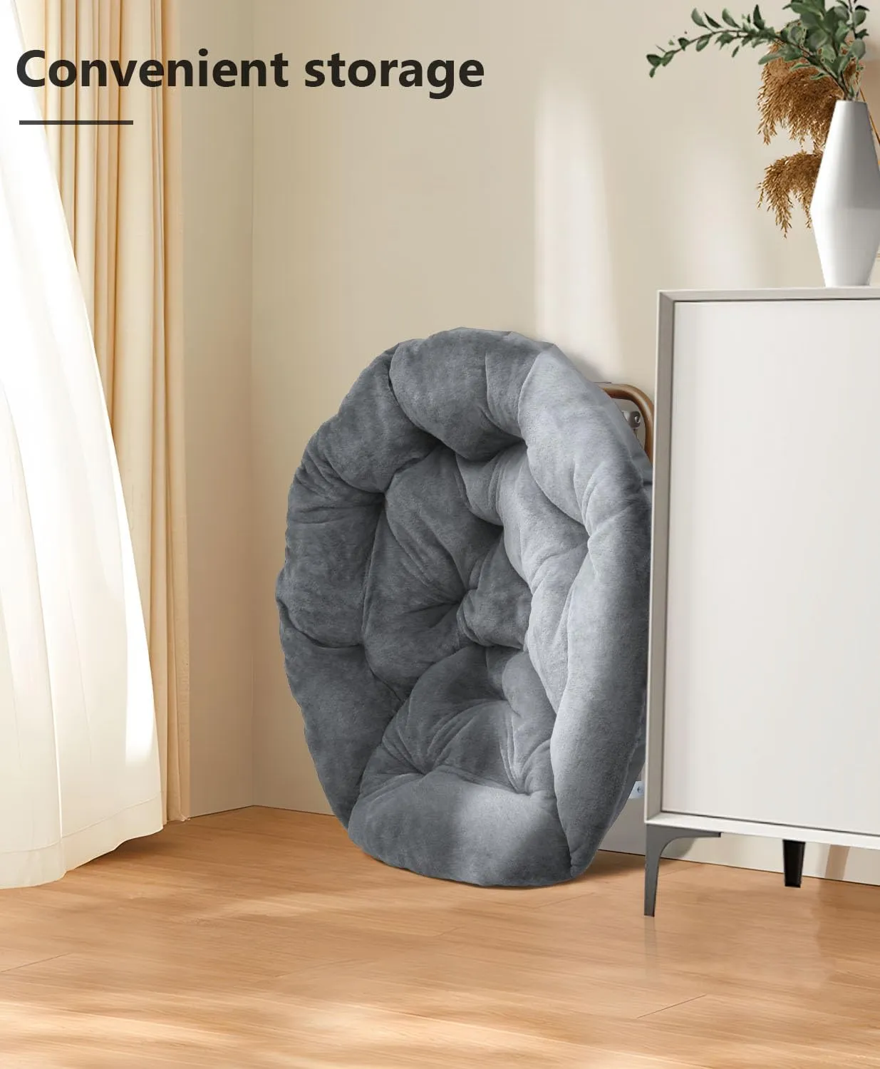 Cozy Saucer Chair, Living Room Chair, Faux Fur Soft Thick Padded Seat, Metal Frame Folding Chair, Comfortable Moon Chair for Living Room, Bedroom, Reading Nook, Modern Style, 1 Pack, Gray