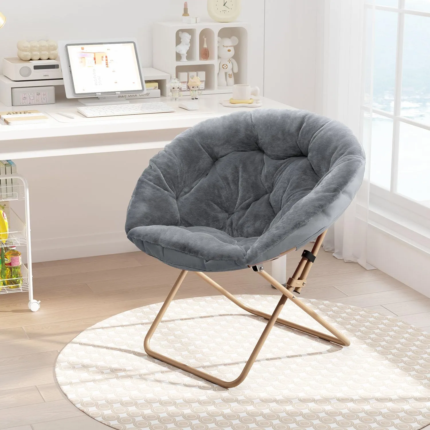 Cozy Saucer Chair, Living Room Chair, Faux Fur Soft Thick Padded Seat, Metal Frame Folding Chair, Comfortable Moon Chair for Living Room, Bedroom, Reading Nook, Modern Style, 1 Pack, Gray