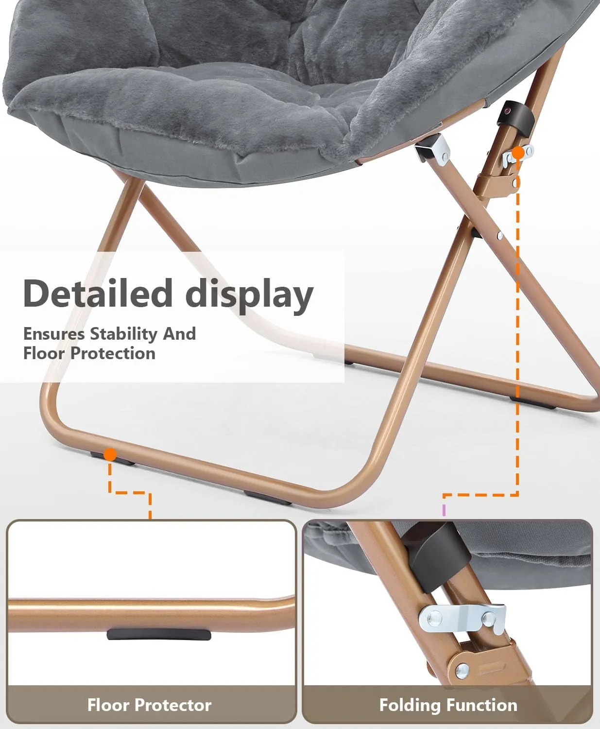 Cozy Saucer Chair, Living Room Chair, Faux Fur Soft Thick Padded Seat, Metal Frame Folding Chair, Comfortable Moon Chair for Living Room, Bedroom, Reading Nook, Modern Style, 1 Pack, Gray