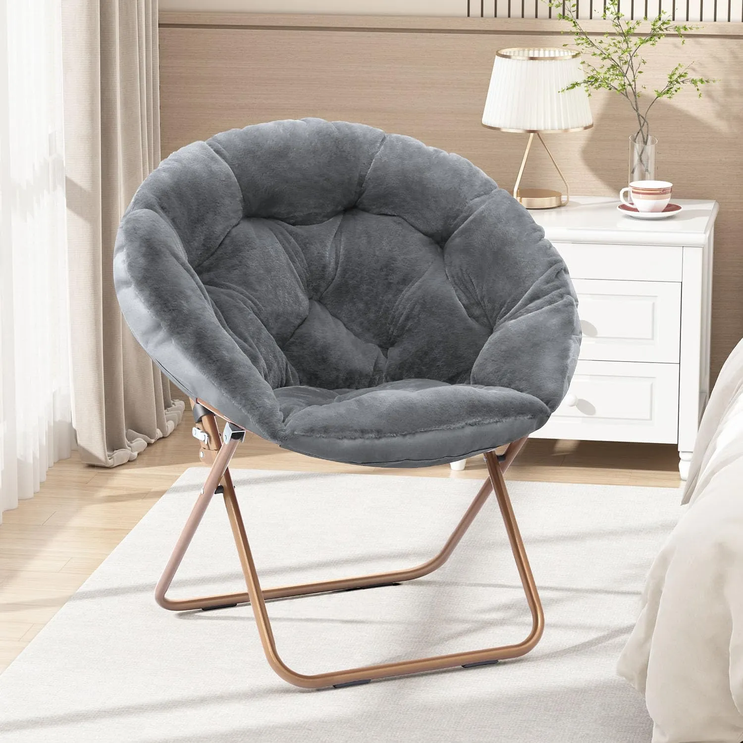 Cozy Saucer Chair, Living Room Chair, Faux Fur Soft Thick Padded Seat, Metal Frame Folding Chair, Comfortable Moon Chair for Living Room, Bedroom, Reading Nook, Modern Style, 1 Pack, Gray