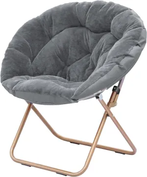 Cozy Saucer Chair, Living Room Chair, Faux Fur Soft Thick Padded Seat, Metal Frame Folding Chair, Comfortable Moon Chair for Living Room, Bedroom, Reading Nook, Modern Style, 1 Pack, Gray