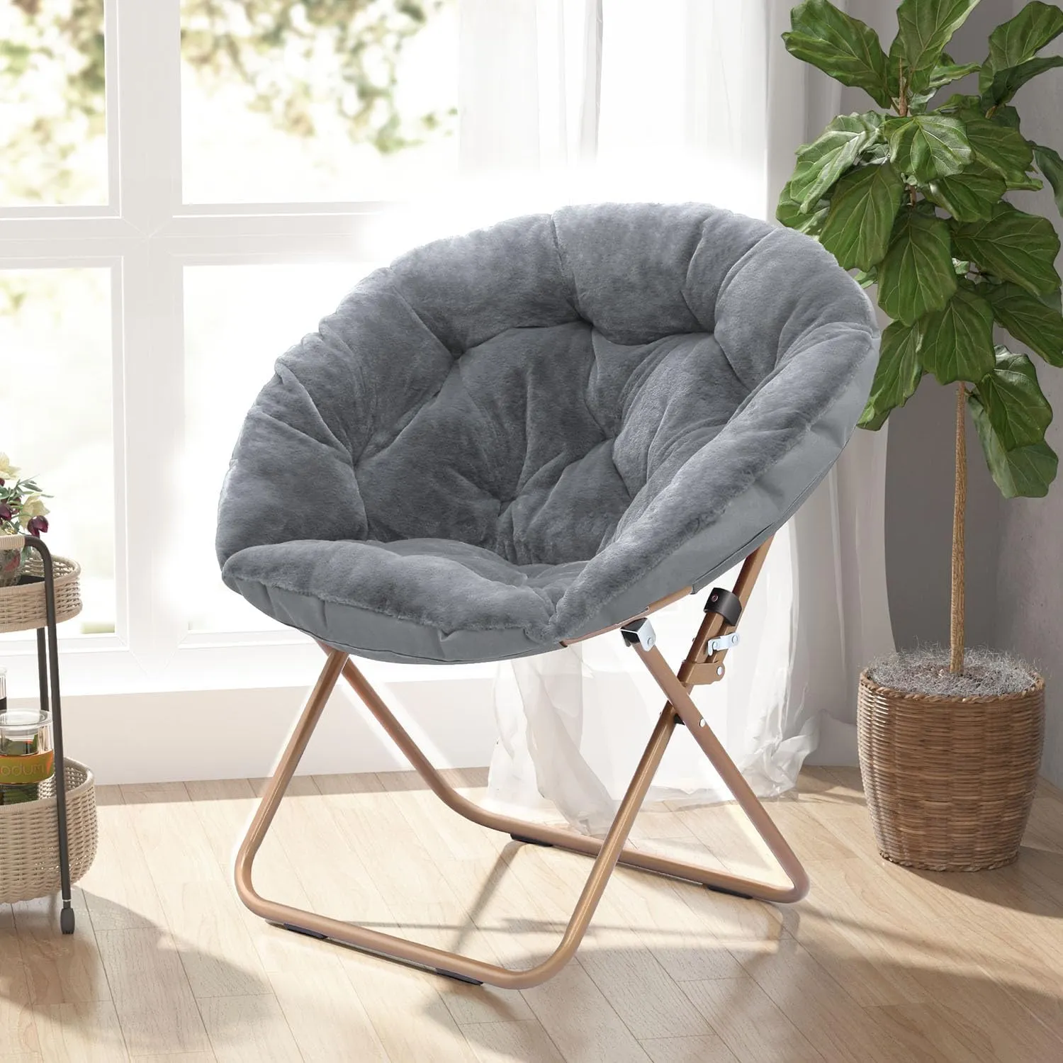 Cozy Saucer Chair, Living Room Chair, Faux Fur Soft Thick Padded Seat, Metal Frame Folding Chair, Comfortable Moon Chair for Living Room, Bedroom, Reading Nook, Modern Style, 1 Pack, Gray