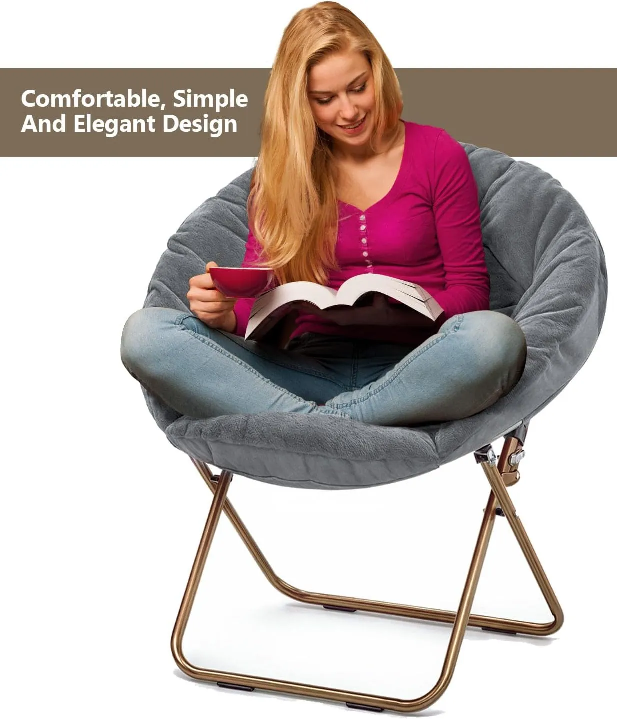Cozy Saucer Chair, Living Room Chair, Faux Fur Soft Thick Padded Seat, Metal Frame Folding Chair, Comfortable Moon Chair for Living Room, Bedroom, Reading Nook, Modern Style, 1 Pack, Gray