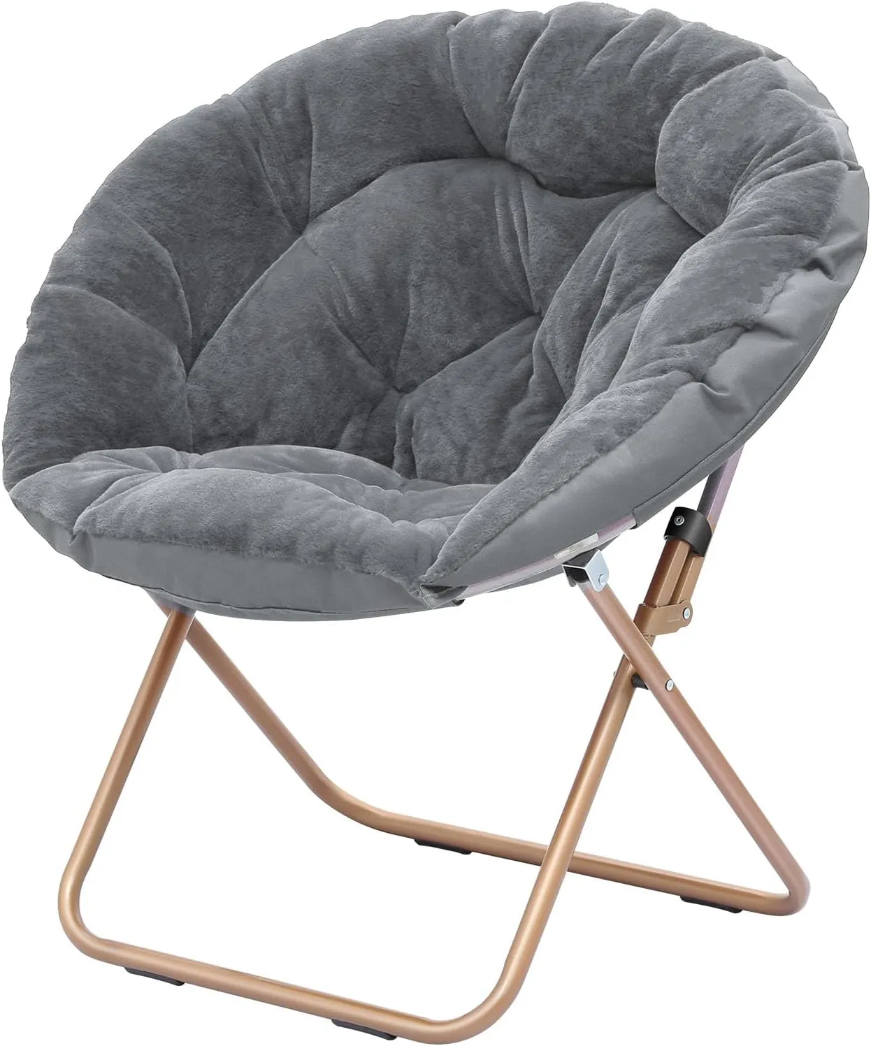 Cozy Saucer Chair, Living Room Chair, Faux Fur Soft Thick Padded Seat, Metal Frame Folding Chair, Comfortable Moon Chair for Living Room, Bedroom, Reading Nook, Modern Style, 1 Pack, Gray