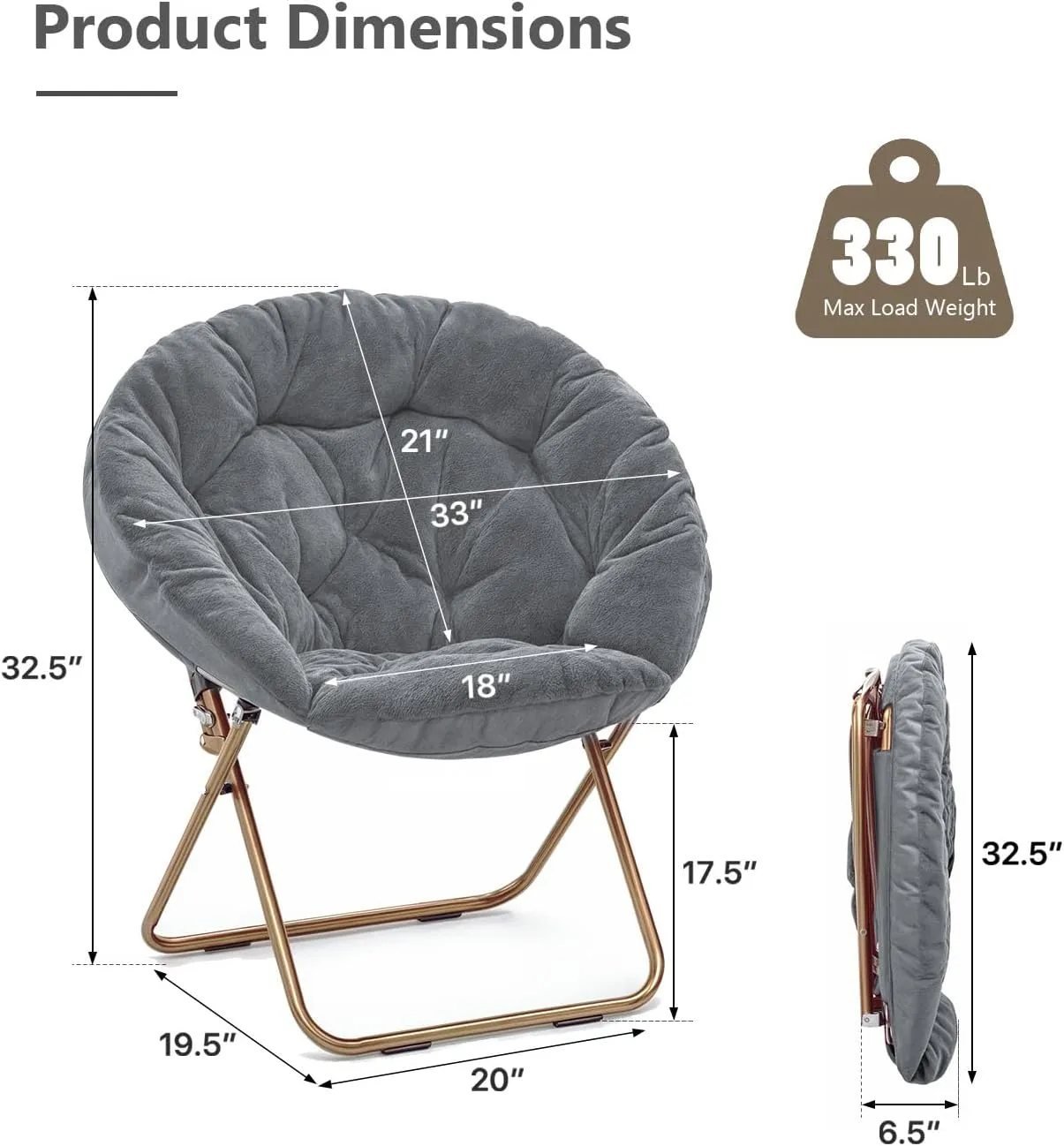 Cozy Saucer Chair, Living Room Chair, Faux Fur Soft Thick Padded Seat, Metal Frame Folding Chair, Comfortable Moon Chair for Living Room, Bedroom, Reading Nook, Modern Style, 1 Pack, Gray
