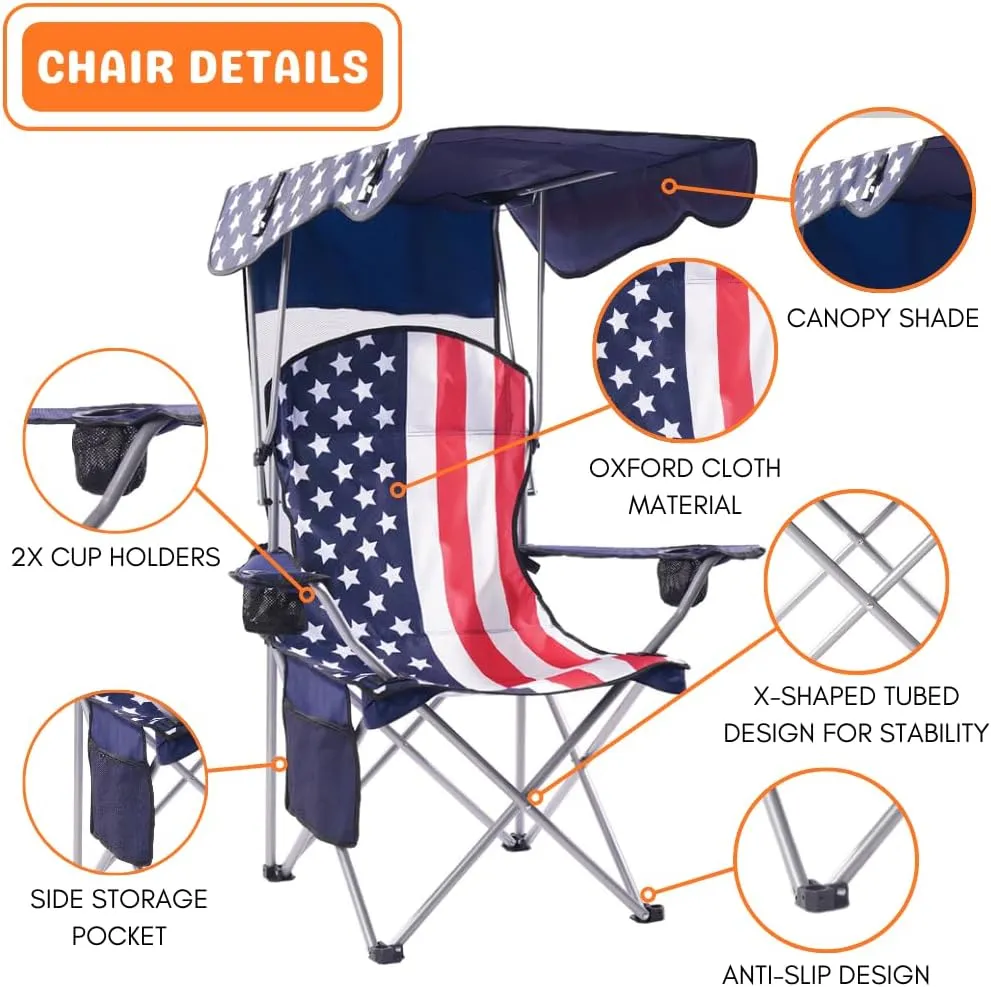 CozyBox Portable Folding Camping Chairs with Canopy Shade, Beach Chair for Adults, Durable Weather Resistant 600D Oxford Cloth, Camping Chair with Canopy for Outdoors [Flag]