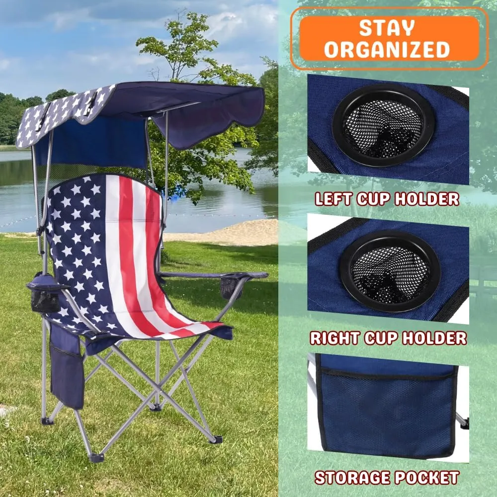 CozyBox Portable Folding Camping Chairs with Canopy Shade, Beach Chair for Adults, Durable Weather Resistant 600D Oxford Cloth, Camping Chair with Canopy for Outdoors [Flag]