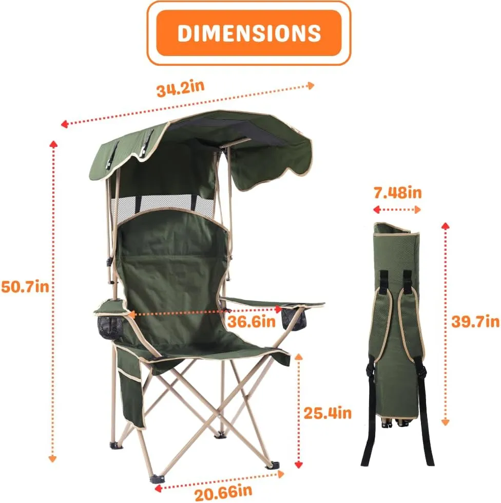 CozyBox Portable Folding Camping Chairs with Canopy Shade, Beach Chair for Adults, Durable Weather Resistant 600D Oxford Cloth, Camping Chair with Canopy for Outdoors [Olive Green]