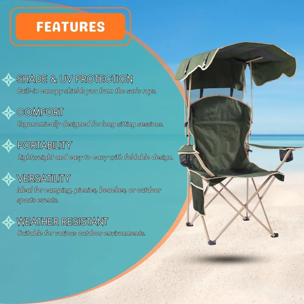 CozyBox Portable Folding Camping Chairs with Canopy Shade, Beach Chair for Adults, Durable Weather Resistant 600D Oxford Cloth, Camping Chair with Canopy for Outdoors [Olive Green]