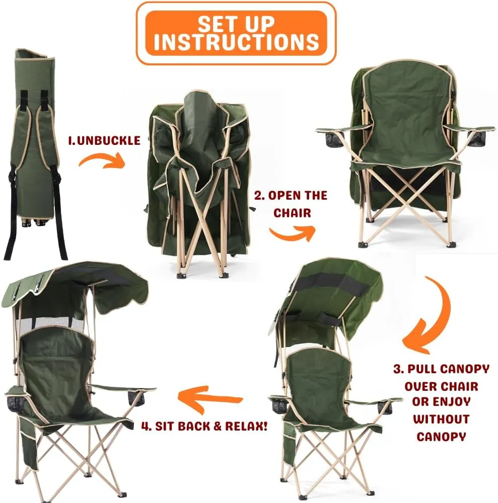 CozyBox Portable Folding Camping Chairs with Canopy Shade, Beach Chair for Adults, Durable Weather Resistant 600D Oxford Cloth, Camping Chair with Canopy for Outdoors [Olive Green]