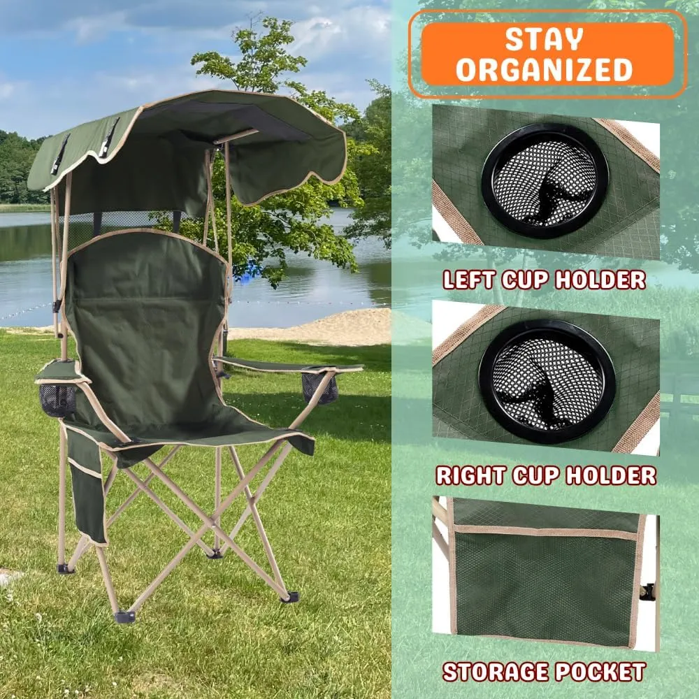 CozyBox Portable Folding Camping Chairs with Canopy Shade, Beach Chair for Adults, Durable Weather Resistant 600D Oxford Cloth, Camping Chair with Canopy for Outdoors [Olive Green]