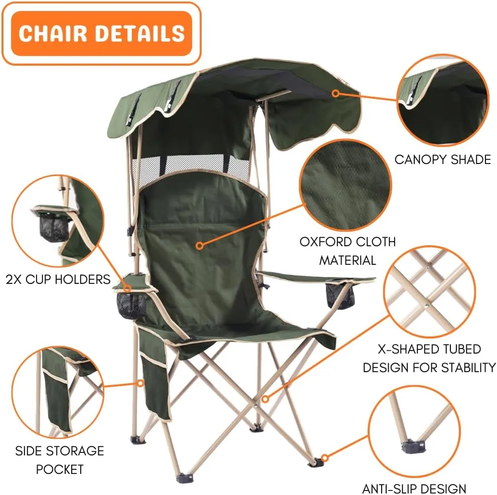 CozyBox Portable Folding Camping Chairs with Canopy Shade, Beach Chair for Adults, Durable Weather Resistant 600D Oxford Cloth, Camping Chair with Canopy for Outdoors [Olive Green]