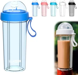 Creative Water Cup Split Cups for Drinks 2 Different Drinks in One Cup, 2 Straws Couple Outdoor 600ml Drinking Cup Camping Hiking Backpacking Travel Office Sports Water Cup (blue)
