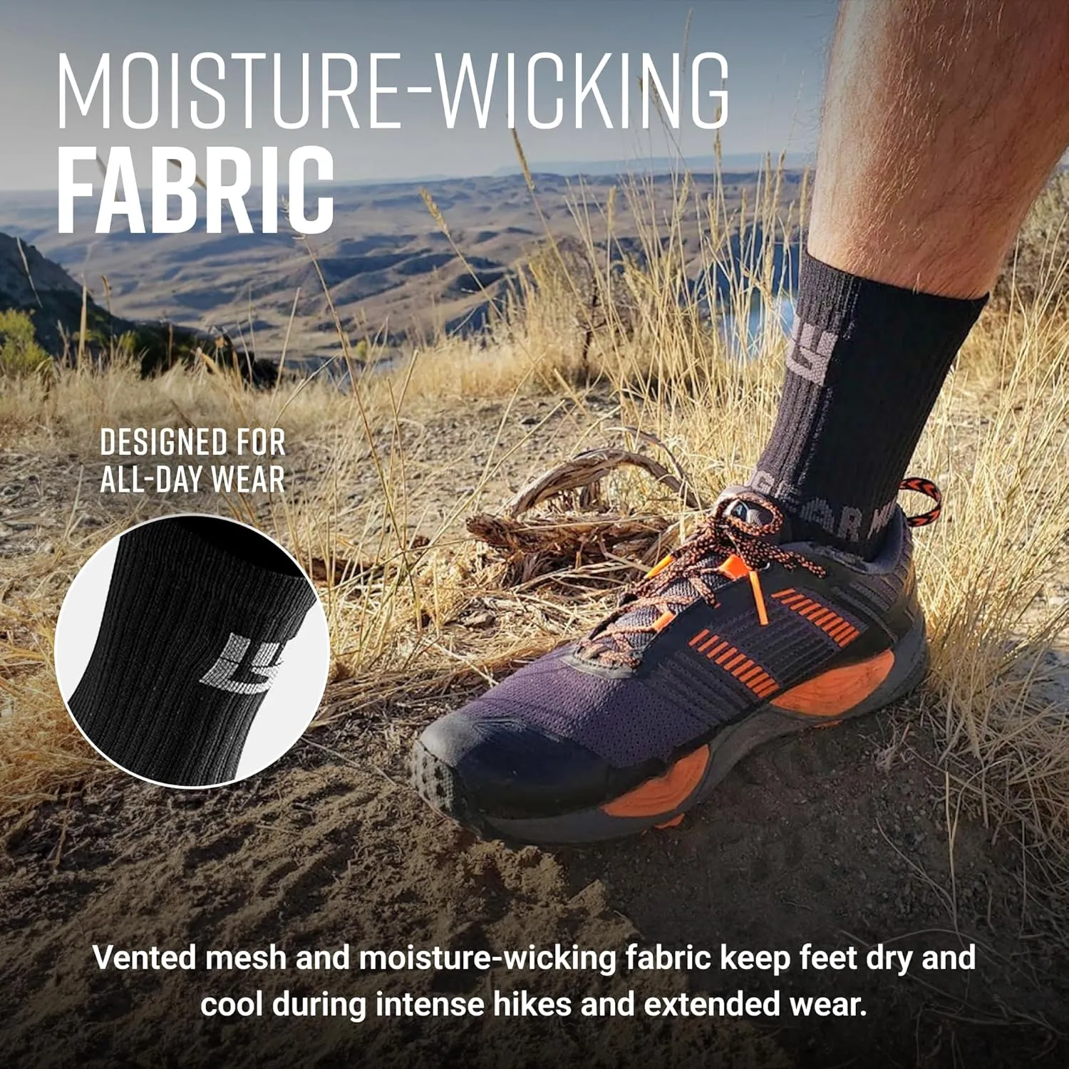 Crew Length Hiking Socks - Mid-Calf Trekking Socks - Non-Wool Wilderness Hiking Socks - Men and Women - 2-Pack