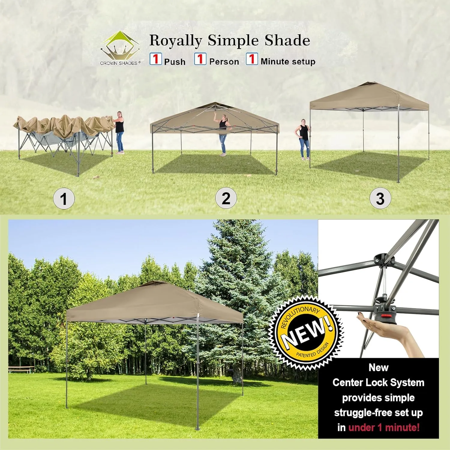 CROWN SHADES 10x10 Canopy Tent, Pop Up Beach Tent for Outdoor Shades with Wheeled Bag, 8 Stakes, 4 Ropes, Outdoor Canopy, Beige