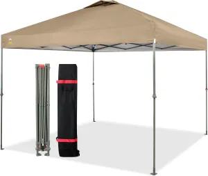 CROWN SHADES 10x10 Canopy Tent, Pop Up Beach Tent for Outdoor Shades with Wheeled Bag, 8 Stakes, 4 Ropes, Outdoor Canopy, Beige