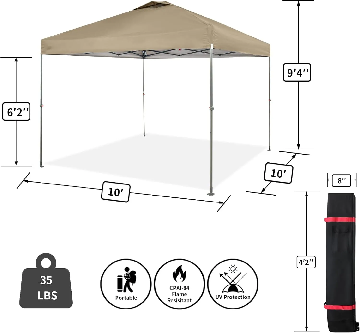 CROWN SHADES 10x10 Canopy Tent, Pop Up Beach Tent for Outdoor Shades with Wheeled Bag, 8 Stakes, 4 Ropes, Outdoor Canopy, Beige
