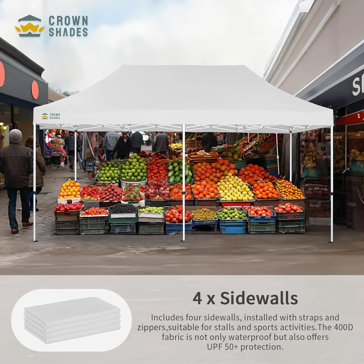 CROWN SHADES 10x20 Pop Up Canopy Tent, Thicken Frame Commercial Heavy Duty Tent, 4 Sidewalls 8 Stakes & 4 Sandbags & 4 Ropes, Outdoor Canopies for Events, Parties,White