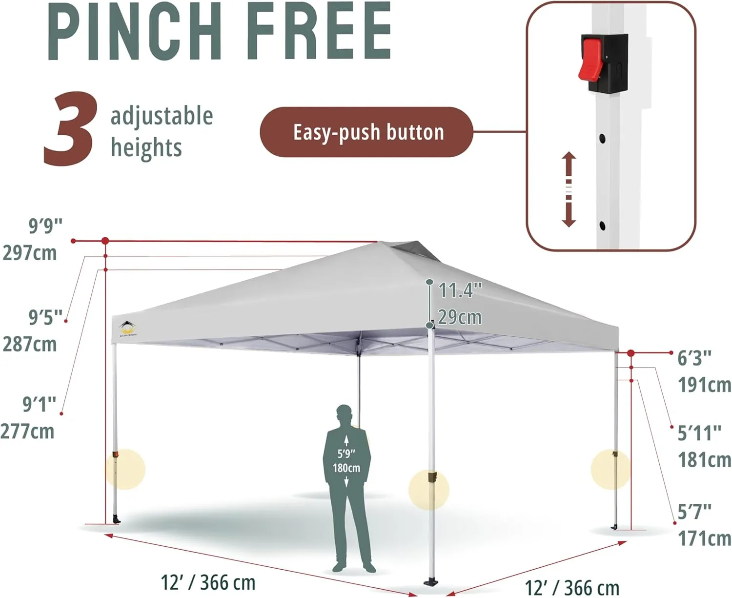 CROWN SHADES 12x12 Pop Up Canopy Outside Canopy, Patented One Push Tent Canopy with Wheeled Carry Bag, Bonus 8 Stakes and 4 Ropes, White