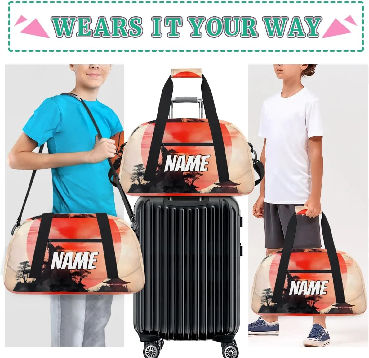 Custom Japanese Mountain Sports Gym Bag Personalized Red Sun Mountain Name Travel Duffel Bag Customized Weekender Overnight Bags for Women Men